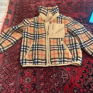 Burberry Beige Plaid Sherpa Puffer Jacket with Tan Trim